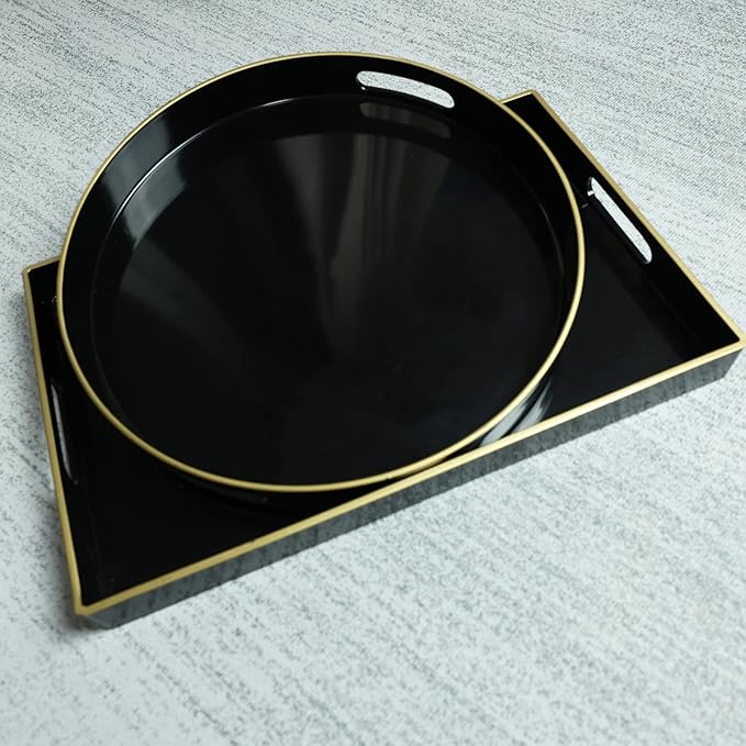 Spsyrine Round Black Decorative Tray, 13" Plastic Serving Table Tray with Handles for Ottoman, Coffee Table, Bathroom, Kitchen, Living Room