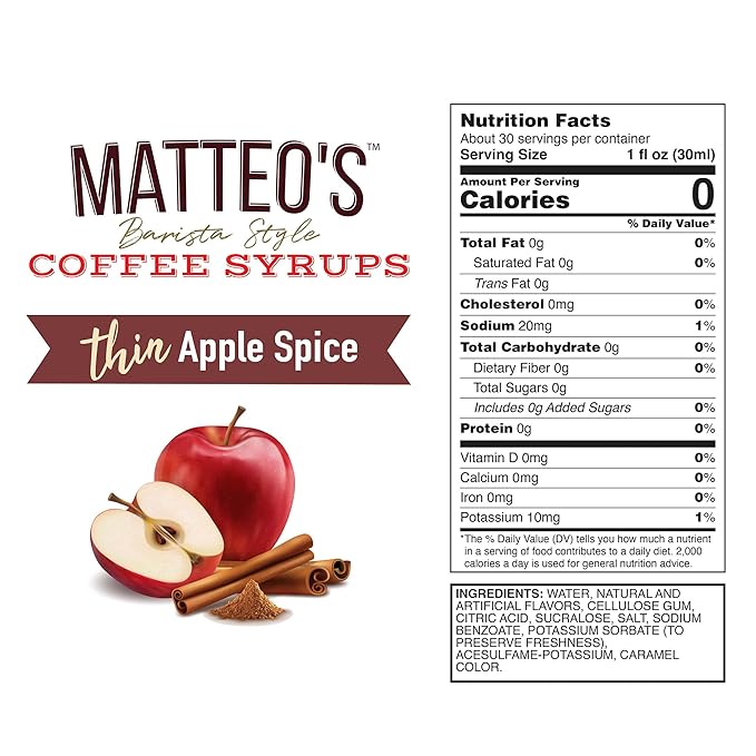 Matteo's Apple Spice Syrup for Coffee, Lattes, Cappuccinos & Desserts – Sugar-Free Sweetener for Beverages, Keto Friendly, Zero Calories, Indulgent Flavor, Non-Alcoholic, Ideal for Coffee 33.8oz (1pk)