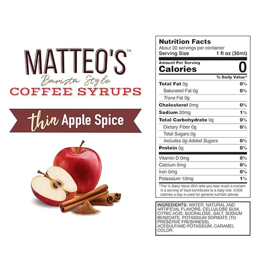 Matteo's Apple Spice Syrup for Coffee, Lattes, Cappuccinos & Desserts – Sugar-Free Sweetener for Beverages, Keto Friendly, Zero Calories, Indulgent Flavor, Non-Alcoholic, Ideal for Coffee 33.8oz (1pk)