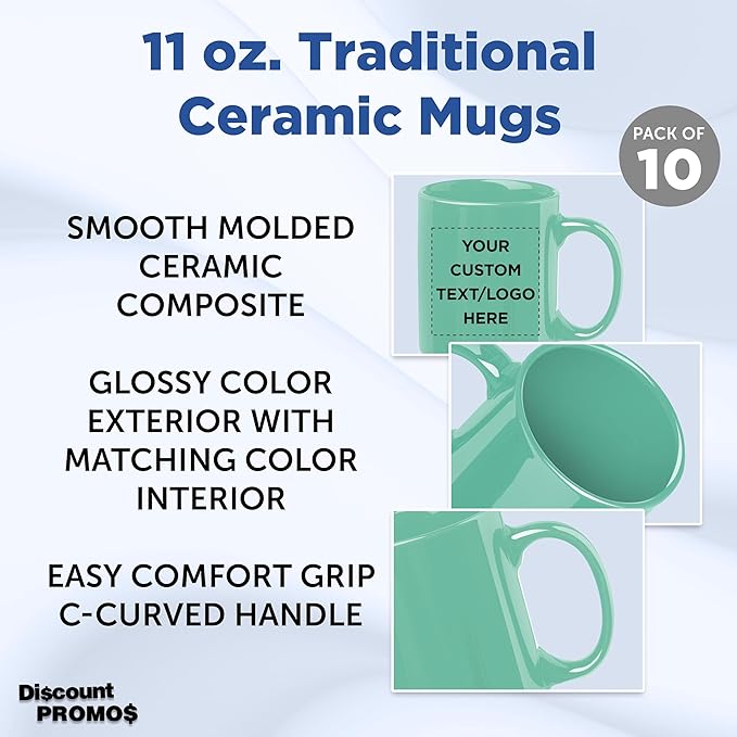 Custom Ceramic Coffee Mugs 11 oz. Set of 10, Personalized Bulk Pack - Coffee cup set, Iced coffee cup, Gaming mug - Tiffany Teal