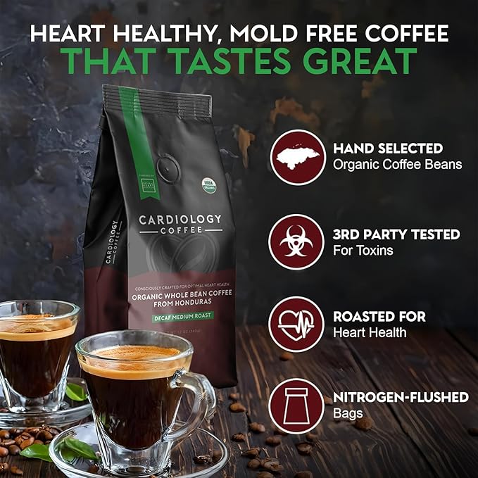 Cardiology Coffee – Decaf Coffee Beans – USDA Certified 12oz Premium Whole Bean Coffee Medium Roast – Decaf Espresso Beans with Swiss Water Decaf and Antioxidant Benefits – Heart Healthy Lifestyle