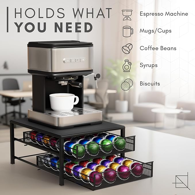 Coffee Pod Holders Drawer - 2 Tier K-Cup Holder Drawer with 56 Pod Cap, Kcup Storage Nonslip Rubber Mat - Dual Sliding K Cup Organizer, Coffee Station Organizer for Countertop Home Office