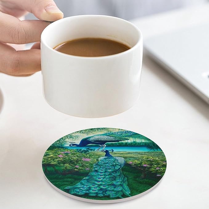 Round-4PCS Peacock Drink Coasters, Round Modern Ceramic Absorbent Coasters, Vintage Tree Branch Beautiful Plant Floral Green Peacock Decor Desk Coffee Table Coaster for Beverage Cup Tea Coasters
