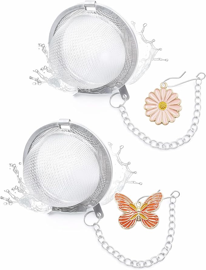 2 Pack Handmade Stainless Steel Mesh Tea Infuser with Delicate Pink Butterfly & Blossom Charm - Premium Tea Ball Strainers for Loose Leaf Tea, Elegant Tea Steeper Gifts for Tea Lovers