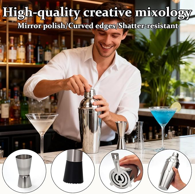 JUSTDOMI 26-Piece Cocktail Shaker Set with Stand Stainless Steel Bartender Kit, Bar Tool Set Bartender Accessories, Cocktails Kit with Muddler for Bar Accessories, Home, Party Cafe Drinks-Style2
