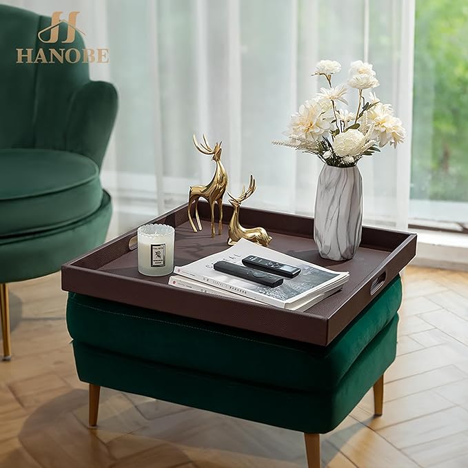 Hanobe Large Ottoman Serving Tray: Faux Leather Coffee Table Trays with Handles 22 Inch Square Extra Big Oversized Aesthetic Modern Brown Ottoman Topper for Living Room Parties Home