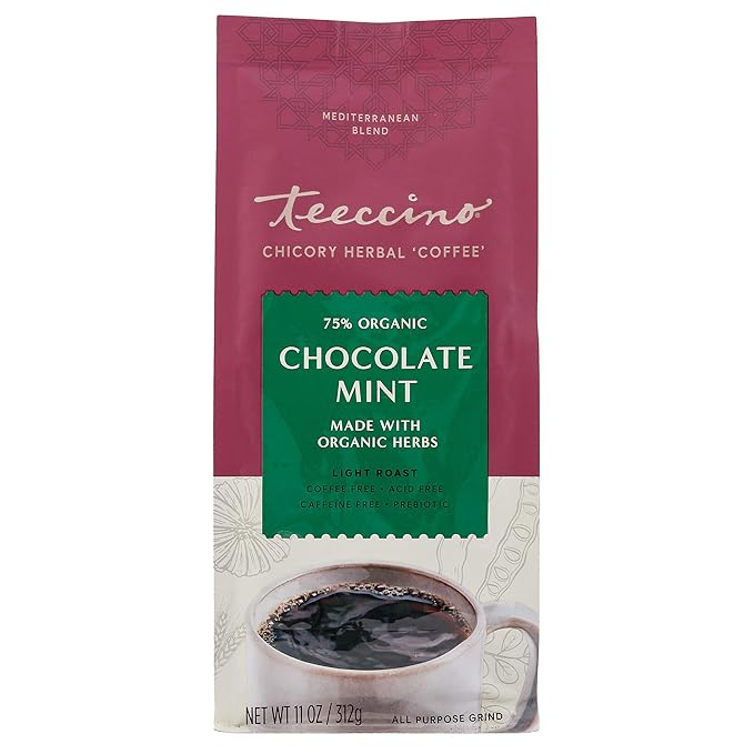 Teeccino Chocolate Mint Chicory Coffee Alternative - 11 Ounce - Ground Herbal Coffee That’s Prebiotic, Caffeine Free & Acid Free, Light Roast, (Pack of 3)