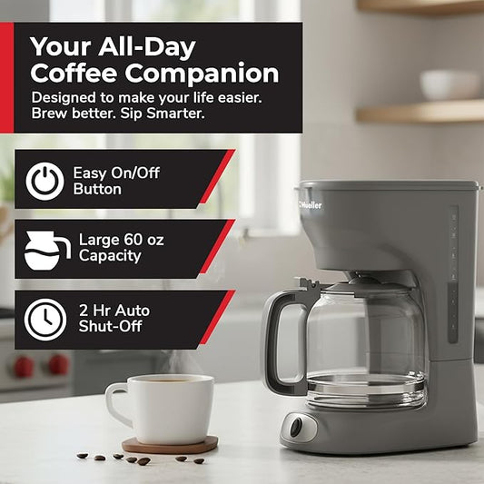 MUELLER HOME 12-Cup Drip Coffee Maker Perfect for Home or Office, Borosilicate Carafe, Auto-Off, Reusable Filter, Anti-Drip, Keep-Warm Function, Clear Water Level Window, Gray