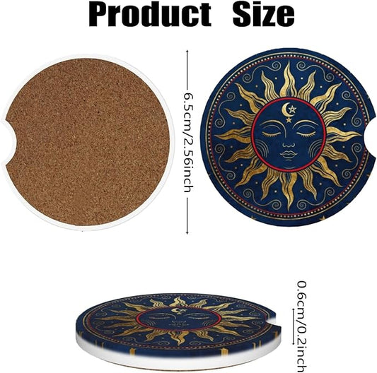 Car Cup Holder Coasters, 2 Pcs Ceramic Coasters with Finger Slot and Cork Back, Anti-Slip Shock Absorbing Women and Men Universal Car Accessories - Art Sun