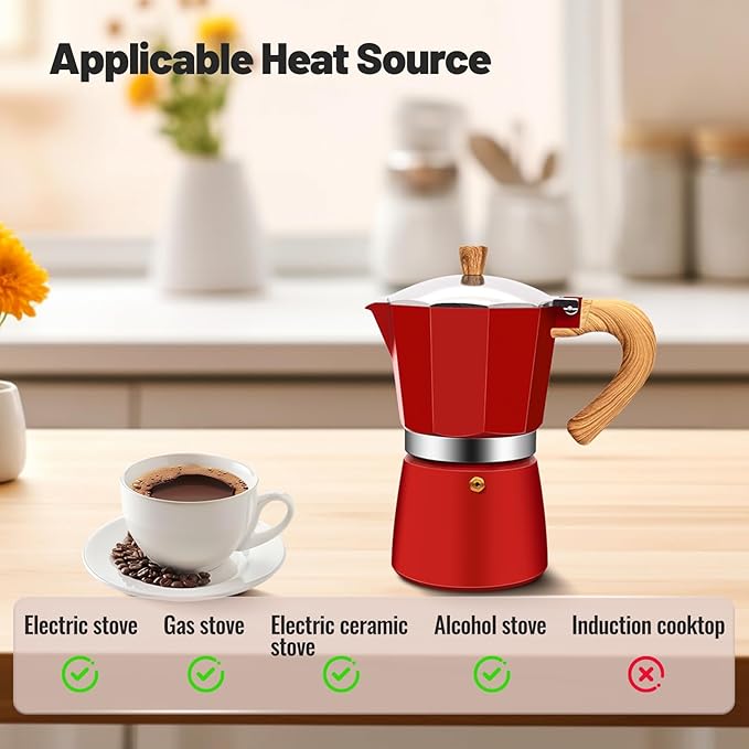 Vaolvpant 6 Cup Aluminum Moka Pot Classic Stovetop Espresso Coffee Maker 300ml 10oz Coffeemaker Percolator Mocha Pot Greca Coffee Maker Cafe Makers for Italian and Cuban Café Brewing Red