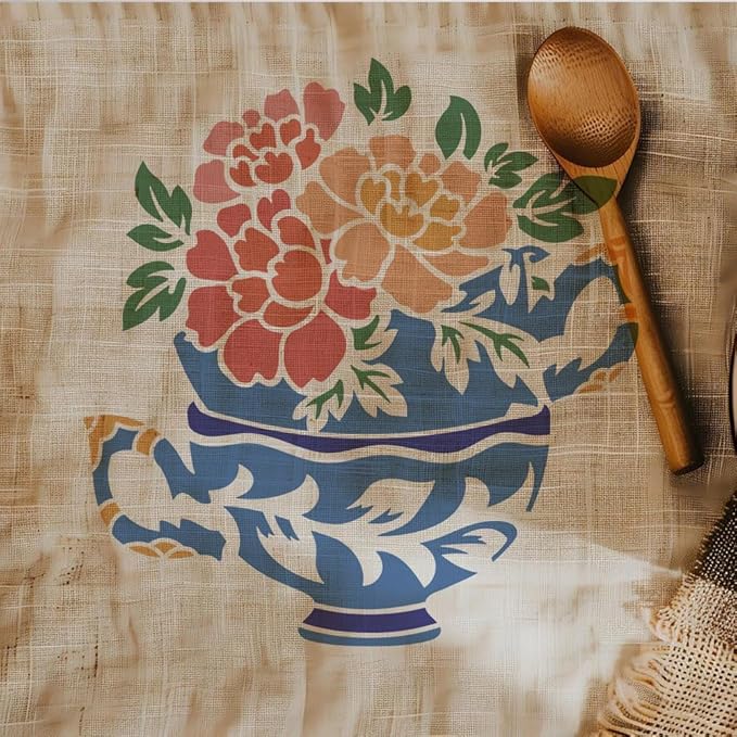 2sheet Coffee & Tea Cups Flowers Wall Stencils for Painting, 11.8"x11.8" Cup Plate Reusable Stencils for Kitchen, Paint Templates DIY Craft Art Stencils on Wood Fabric Canvas Furniture Journal
