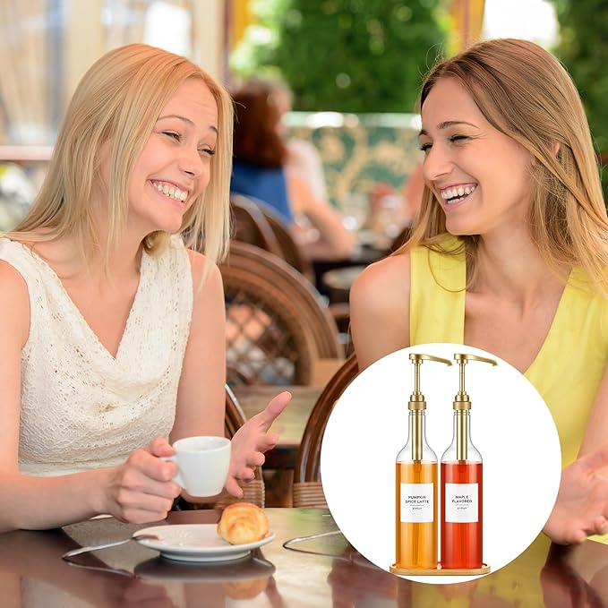LemonRoad 2 Pack Coffee Syrup Dispenser for Coffee Bar 25.4 oz 750ml Plastic Syrup Dispenser Bottles with Bamboo Tray Pumps Scoop and Labels for Kitchen Bar Accessories