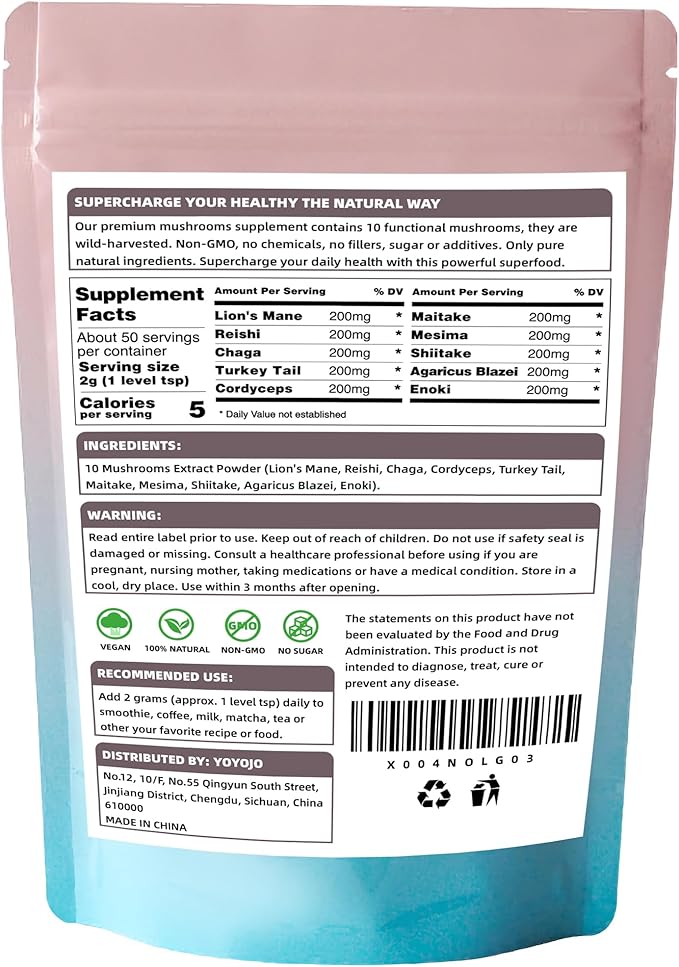 Mushroom Powder, 10-in-1 Mushroom Blend for Coffee, Smoothies & Drinks - Natural Focus, Energy Booster & Immune Support Supplement - 3.53 oz / 100g
