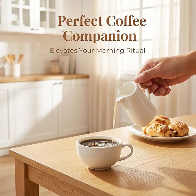 Classic White Small Creamer Pitcher with Handle 5.8 oz/170 ml, 4 Pack Fine Porcelain Square Small Milk Pitcher, Mini Gravy Boat, for Coffee Milk Sauces Salad, Microwave, Freezer Safe