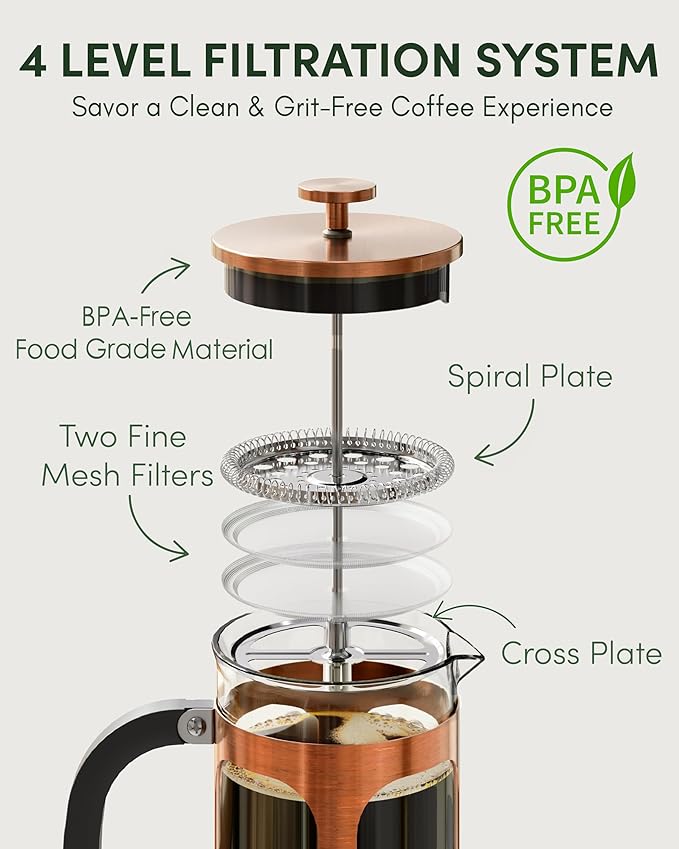 BAYKA 34oz 1 Liter French Press Coffee Maker, Coffee Lover Gifts Basket Set, Heat Resistant Thickened Borosilicate Glass Stainless Steel Brewer, Cold Brew Cafetera Teapot for Kitchen, Copper