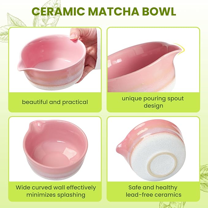 Matcha Whisk Set, Ceramic Matcha Kit Desert Style, Matcha Whisk and Bowl, Bamboo Scoop and Rest, Sifter and Tea Towel, 7 Pcs Gifts for Matcha Lover - Pink