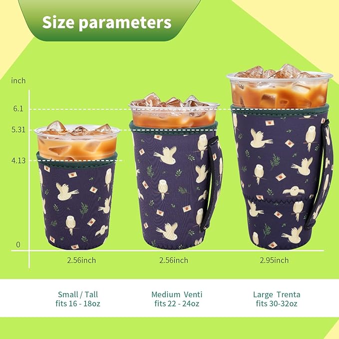 3 Pack Iced Coffee sleeve Insulated Neoprene Cup Sleeves with handle For Cold Drinks Beverages, Reusable Cup Holder for 16oz-32oz Coffee Cups (Owls and Envelopes)