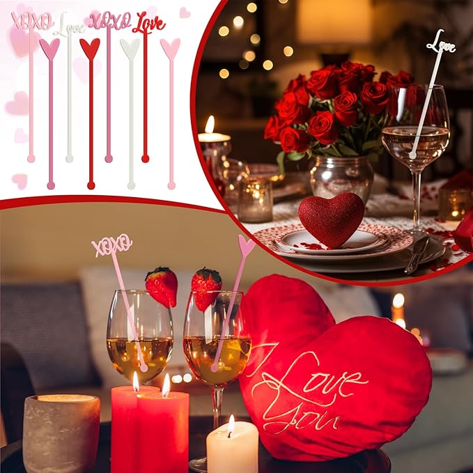 32 Pcs Valentines Day Cocktail Stirrers 7 Inch Heart Love Lips Drink Coffee Stirrers Cute Acrylic Stir Sticks for Valentines Wedding Drink Birthday Bridal Cocktail Supply(Classic Style)