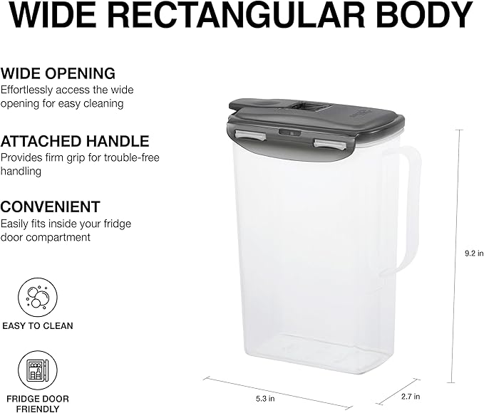 LocknLock Aqua Fridge Door Water Jug with Handle BPA Free Plastic Pitcher with Flip Top Lid Perfect for Making Teas and Juices, 2 Quarts, Gray
