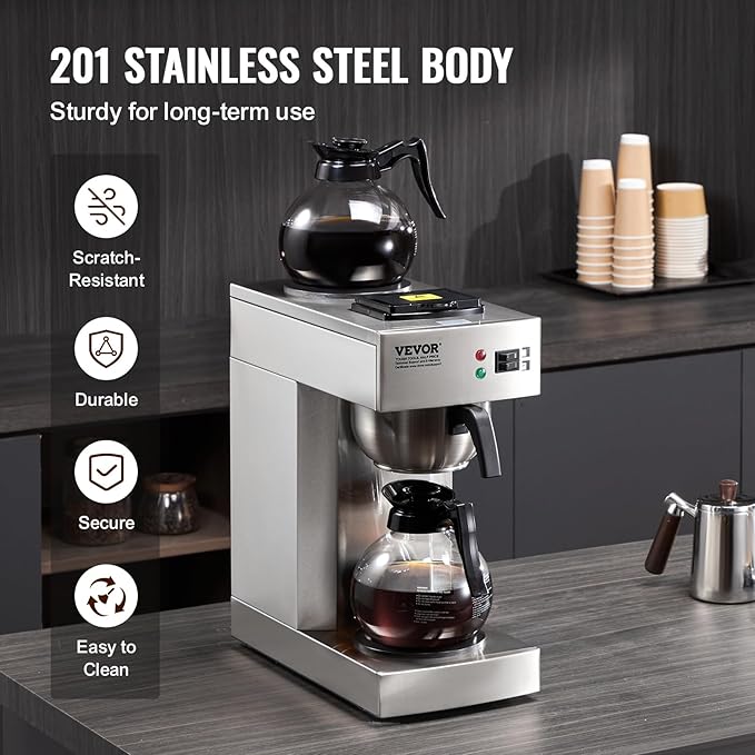 VEVOR 12 Cups Commercial Drip Coffee Maker, Coffee Maker Machine with 2 Glass Carafes and 2 Warmer Plates, Stainless Steel Pour Over Coffee Brewer for Restaurant, Office, Cafe