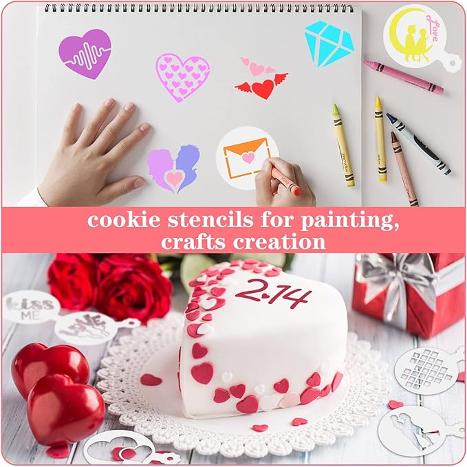 JULBEAR Valentine's Day Cookie Stencils, 36 Pieces Reusable Cookie Coffee Decorating Stencils Templates Mold Tools for Cookies Baking Painting Dessert Coffee Decoration DIY Valentines Party Decor