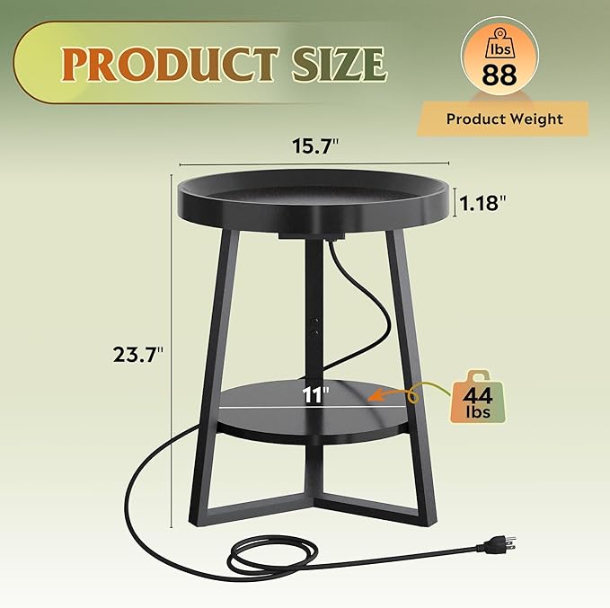 WLIVE Round End Table with Charging Station, Small Round Coffee Table, 2 Tier Side Table for Living Room/Bedroom, Sofa Couch, Wood Tabletop & Metal Frame, Black