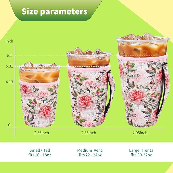 3 Pack Iced Coffee sleeve Insulated Neoprene Cup Sleeves with handle For Cold Drinks Beverages, Reusable Cup Holder for 16oz-32oz Coffee Cups (Blooming Bright)