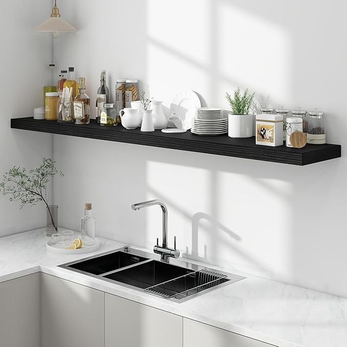 72 inch Floating Shelves for Wall, 12 Inch Deep Floating Shelf, Hanging Shelf with Invisible Brackets, Rustic Wooden Wall Shelves for Bathroom, Bedroom, Living Room,Farmhouse Set of 1,Black