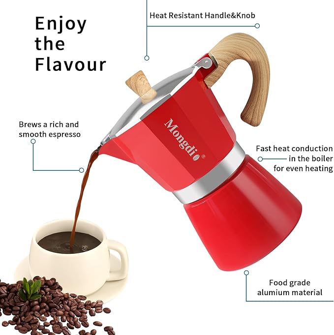 Mongdio Stovetop Espresso Maker Moka Pot, Cuban Coffee Maker Stove top coffee maker Moka Italian Espresso Greca Coffee Maker Brewer Percolator, 9 Espresso Cups, 15 oz - Red