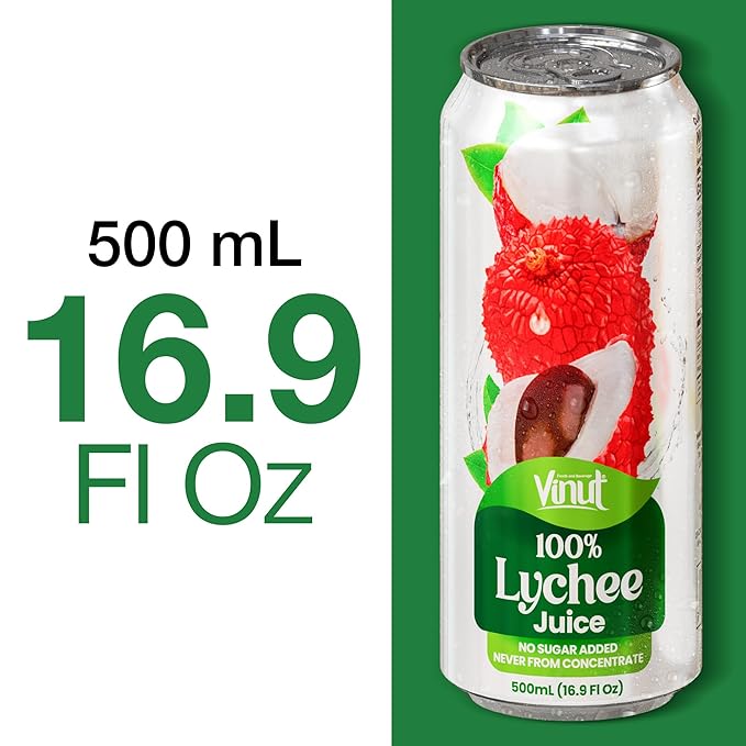 VINUT 100% Lychee Juice, No Added Sugar, Not From Concentrate, 16.9 fl oz (500 mL) Can, Pack of 6