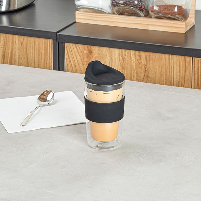 Restaurantware - Forma Professional 11.8 Ounce Insulated Travel Mugs, 10 Double Wall Coffee Mugs - Includes Lids And Sleeves, Reusable, Clear Borosilicate Glass Tumblers, Dishwashable, Microwavable