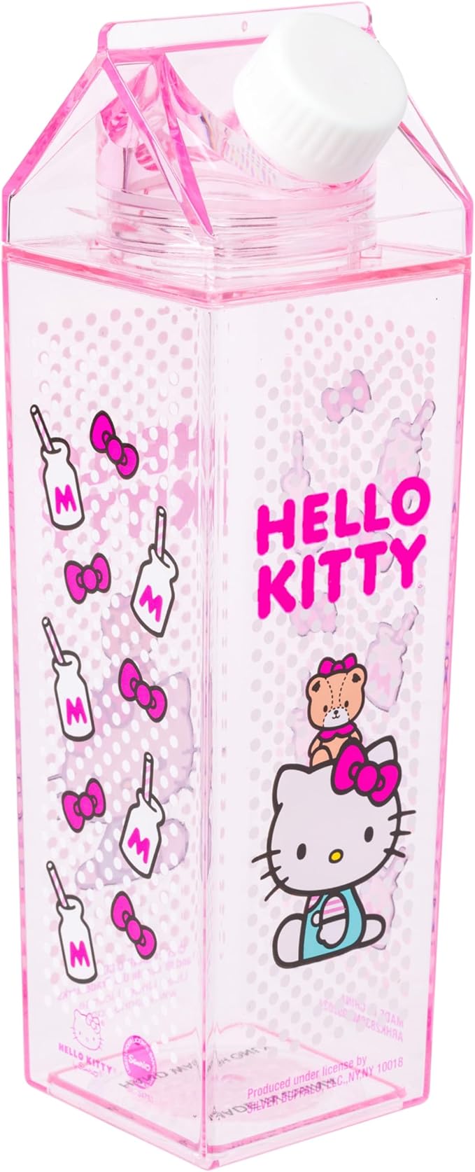 Silver Buffalo Sanrio Hello Kitty Plastic Milk Carton Bottle Featuring Hello Kitty and Tiny Chum, 16.2 Ounces