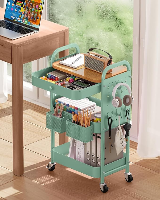 ALVOROG Rolling Cart with Drawer and Wood Table Top, 3 Tier Metal Rolling Utility Cart on Wheels with DIY Pegboards, Hanging Baskets, Hooks for Bedroom,Office,Craft Supplies