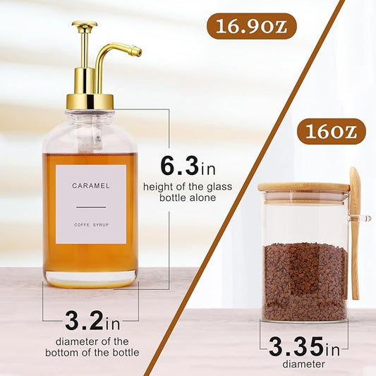 Coffee Bar Accessories, Coffee Syrup Dispenser-2 Pcs16.9 oz, Syrup Pump Dispenser for Coffee Bar, with Glass Bamboo Lid Jar with Spoon, Gold Pump Syrup Dispenser with Labels