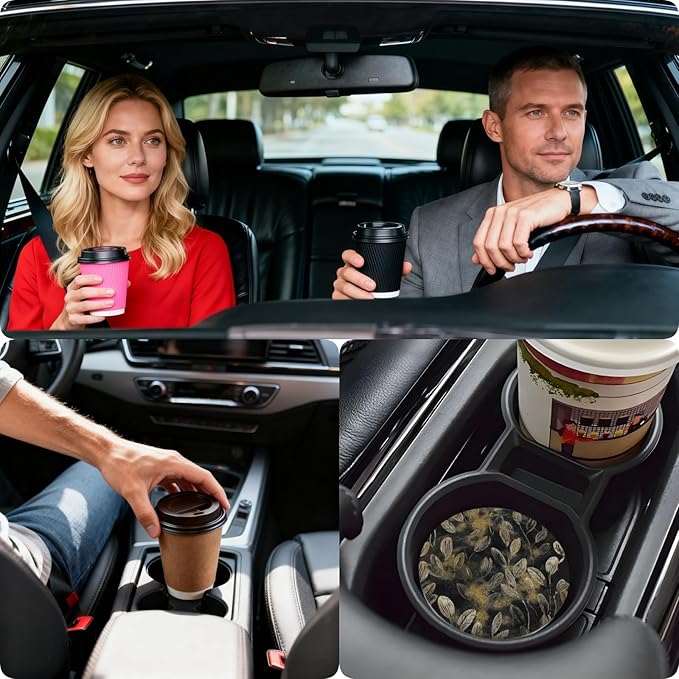 Car Cup Holder Coasters, 2 Pcs Ceramic Coasters with Finger Slot and Cork Back, Anti-Slip Shock Absorbing Women and Men Universal Car Accessories - Golden Powder Leaves