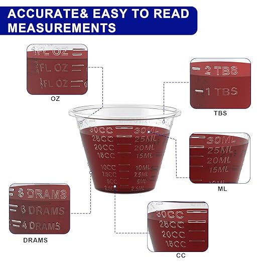 ReliMedPro Disposable Medicine Cups Graduated, Bulk Pack of 100, 1 oz (30ml) Small Plastic Measuring Cup for Liquid Medication, Paint, epoxy, Pill and Resin.
