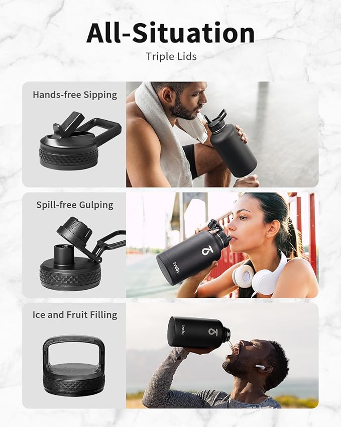 Trebo 64oz Water Bottle,Large Stainless Steel Water Jug with 3 Lids, Triple Wall Vacuum Sports Thermo bottle Keep Hot 24 Hours & Cold 48 Hours,Wide Mouth Flask,Black