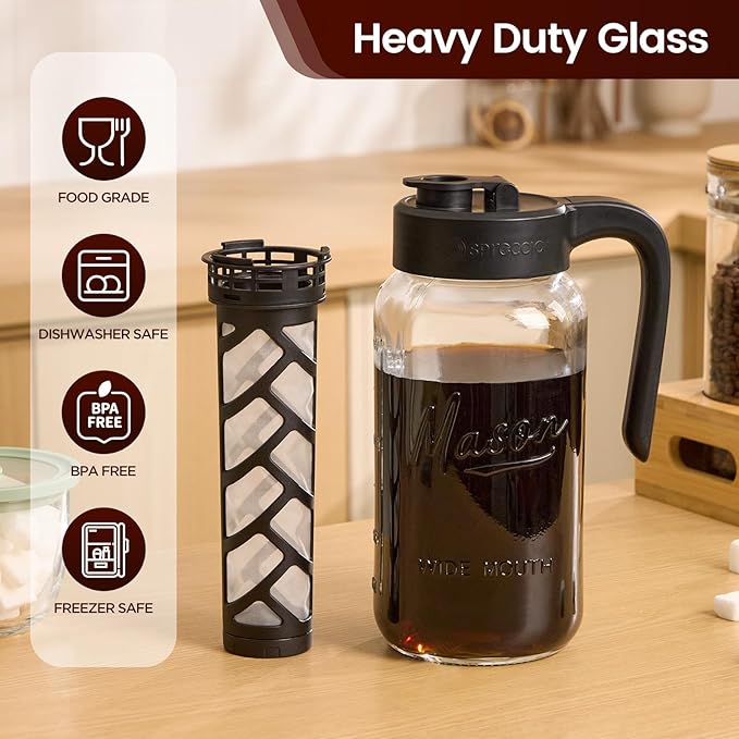 Spreccio Cold Brew Coffee Maker Glass, Airtight & Leakproof Mason Jar Pitcher with Cold Brew Filter, 64 oz Glass Pitcher with Lid for Iced Coffee, Lemonade, Ice Tea