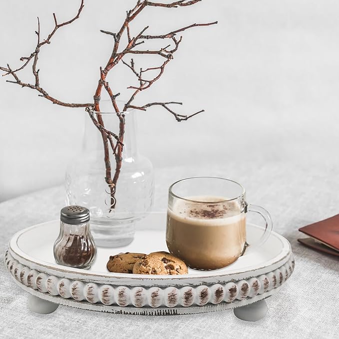 Decorative Tray: 12in White Round Wood Butler ServingTray Candle Holder Trays Vintage Centerpiece Farmhouse Ottoman Tray for Decor Countertop Home Decor Accessories