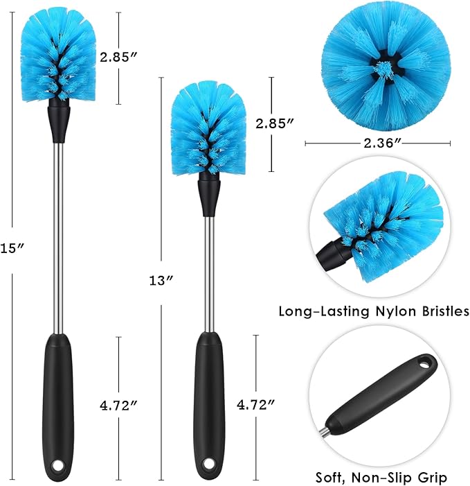 Stainless Steel Water Bottle Brush, Long Handle Scrubbing Brush, Built for Cleaning Sports Bottles, Baby Bottles, Cups, Coffee Mugs, Glasswares, Wine Decanters, Flask, 2 Pack, 13 in