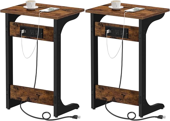 TUTOTAK C Shaped End Table with Charging Station, Set of 2, Couch Table, Tv Tray with 2 USB Ports and Outlets, Sofa Side Table for Small Spaces, Living Room, Bedroom TB01BB0442