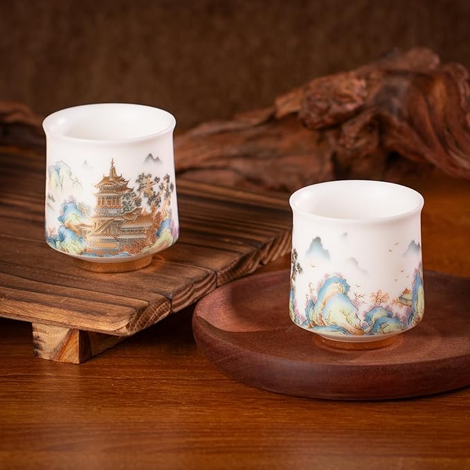KAMMAK Ceramic Tea Cups Small, Cute Vintage Coffee Cup Set of 2, Porcelain Teacups Espresso Mug, 3.2oz Hand Painted Chinese Afternoon Tea Party Mugs, Birthday Gift for Women Men, Spring Wealth
