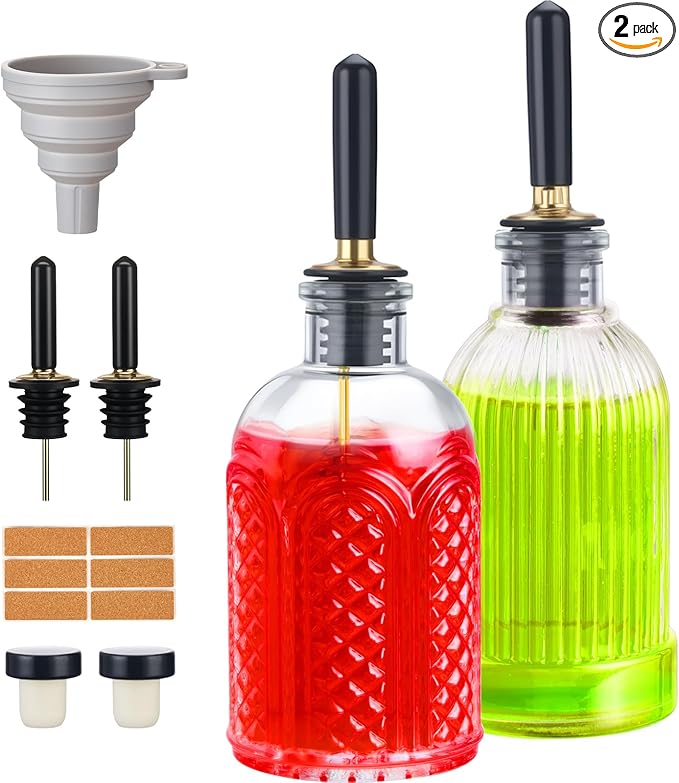 2-Pack Coffee Syrup Dispenser, 7 OZ/200ML Honey Dispenser, Small Syrup Bottles with Funnel & Extra Nozzles, Glass Syrup Dispenser for Coffee Shop, Home Kitchen