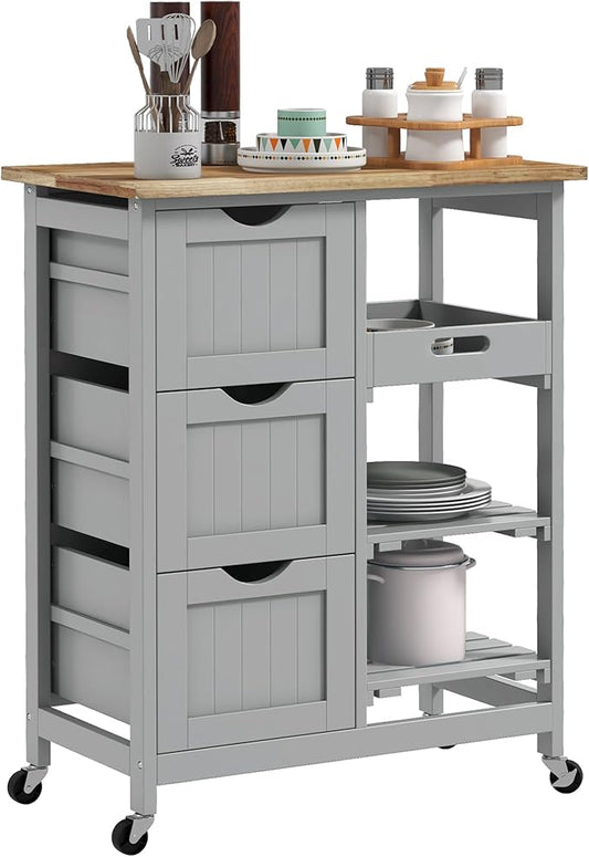 HOMCOM Rolling Kitchen Island Cart, Bar Serving Cart, Compact Trolley on Wheels with Wood Top, Shelves & Drawers for Home Dining Area, Gray