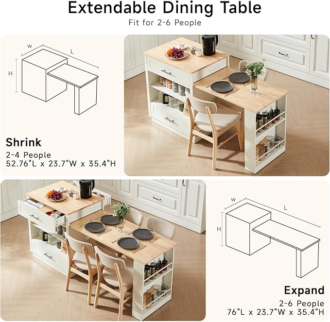 ONBRILL 76" Kitchen Islands with Extendable Dining Table, 2-4 Island Table with Double-Side Storage, Mobile Storage Islands Cart with Power Outlet & Spice Rack, White