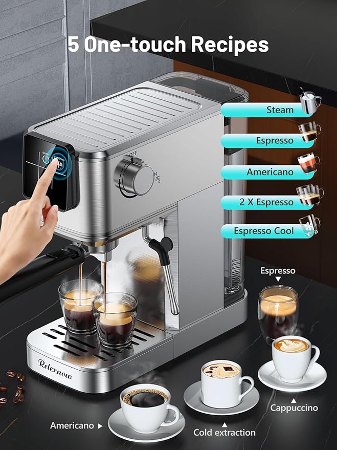 Espresso Machine, 20 Bar Espresso Maker Milk Frother & LCD Panel, Hot & Iced Coffee Machine, Stainless Steel Espresso Coffee Machine with 41oz Water Tank for Cappuccino, Latte