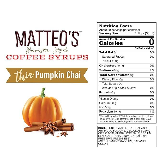 Matteo's Pumpkin Chai Syrup for Coffee, Lattes, Cappuccinos & Desserts – Sugar-Free Sweetener for Beverages, Keto Friendly, Zero Calories, Indulgent Flavor, Non-Alcoholic, 33.8oz (1pk)