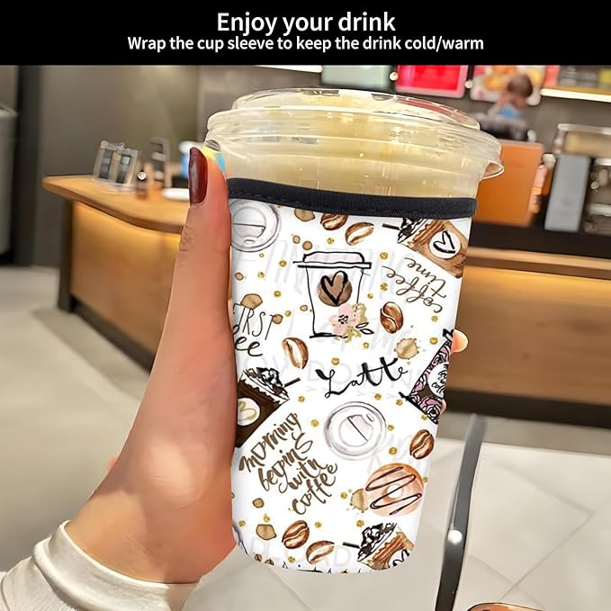 Reusable Neoprene Insulator Sleeve for Iced Coffee Cold Soda Cups, Cute Durable Drink Sleeve for Cold Beverages, Medium 22-28oz Cup Sleeve Cute Coffe