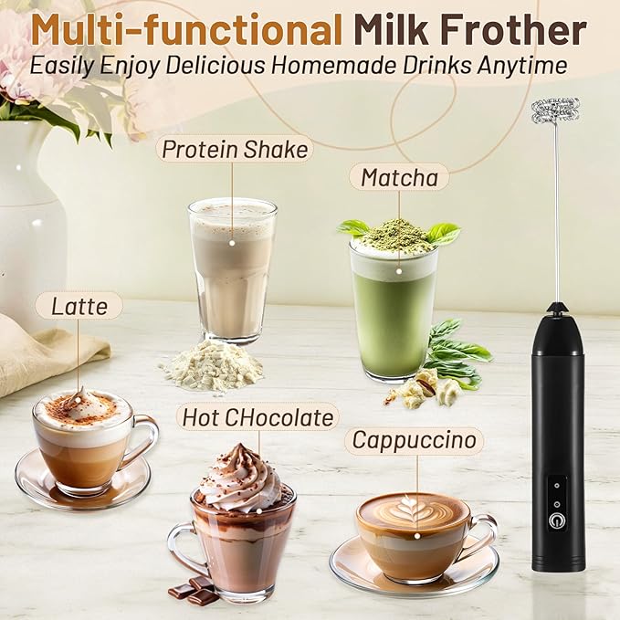 Milk Frother Handheld Rechargeable(Set of 2), Electric Whisk Foam Maker with Detachable Stainless Whisks, 3 Speed Adjustable Hand Drink Mixer for Coffee, Frother Wand for Lattes, Protein, Matcha, Egg
