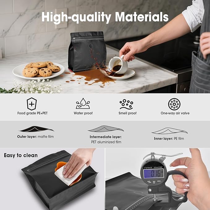 50 Count 8oz Coffee Bags with Valve,1/2 lb Vented Coffee Beans Packaging Bags High Barrier Aluminumed Foil Flat Bottom Heat Sealed Side Zipper Resealable Storage Bag for Home or Business（Black）